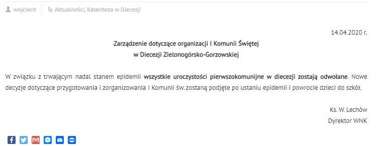 KOMUNIKAT UROCZYSTOŚCI KOMUNIJNE 2020